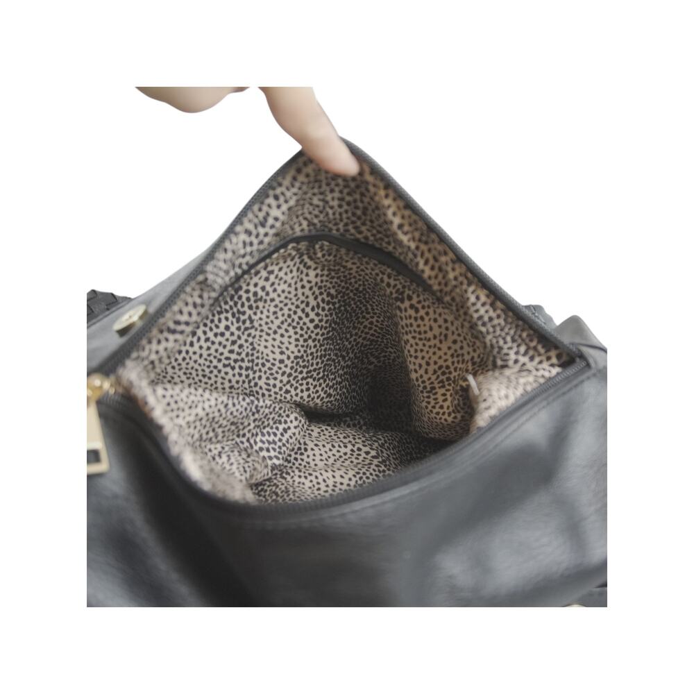 Black Woven Faux Leather Backpack Tote Animal Print Lining Laptop School Bag - Picture 9 of 16